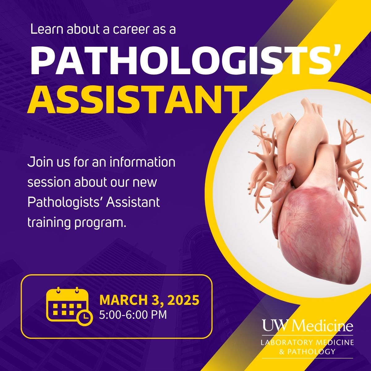 Join us for an information session about our new Pathologists' Assistance training program on March 3rd 5-6pm. Use the link to register now! #pathology #pathassist #UWPathology
washington.zoom.us/meeting/regist…