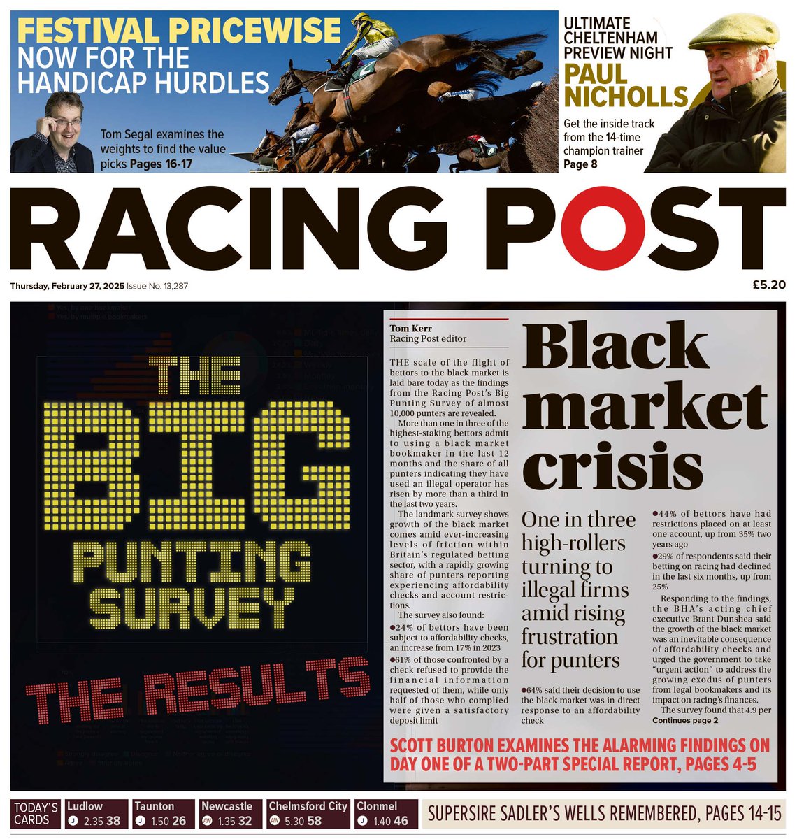 Racing Post (@racingpost) on Twitter photo In tomorrow's <a href="/RacingPost/">Racing Post</a>: the alarming findings from our big punting survey, Pricewise has his say on the handicap hurdles at the Cheltenham Festival, plus Paul Nicholls joins our ultimate preview night panel In tomorrow's <a href="/RacingPost/">Racing Post</a>: the alarming findings from our big punting survey, Pricewise has his say on the handicap hurdles at the Cheltenham Festival, plus Paul Nicholls joins our ultimate preview night panel