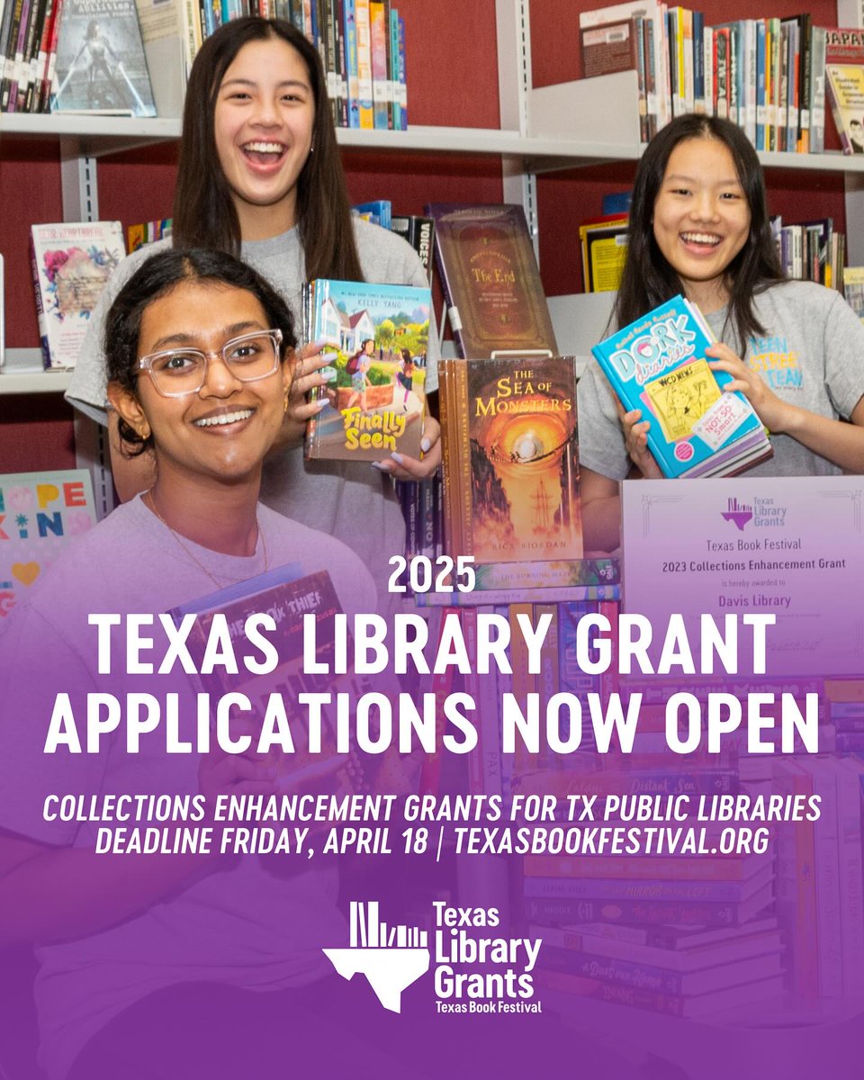 Applications are now open for one of <a href="/texasbookfest/">Texas Book Festival</a>'s signature programs, Texas Library Grants. Every year, TBF awards collections enhancement grants to public libraries to ensure that reading is accessible to all Texans. Texas public libraries are encouraged to apply by Friday,