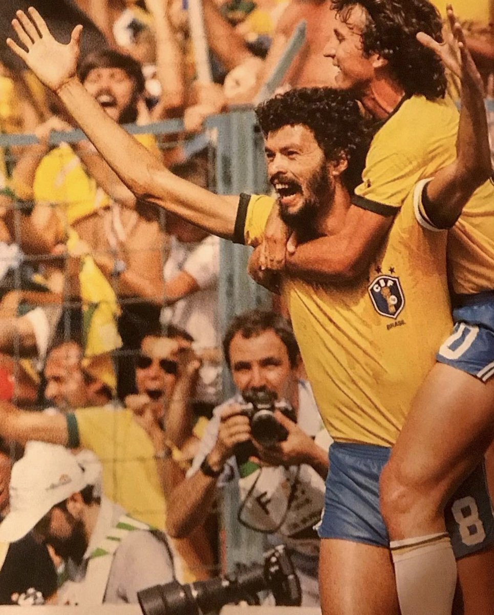 fussballgeekz's tweet photo. Socrates &amp; Zico 🇧🇷 celebrate a #Brazilian equaliser - 1-1 - during their Second Group Stage decider against the #Azzurri 🇮🇹 at Estadio Sarria, #Barcelona at #WorldCup82 🇪🇸 https://t.co/aMKyXO0LrK