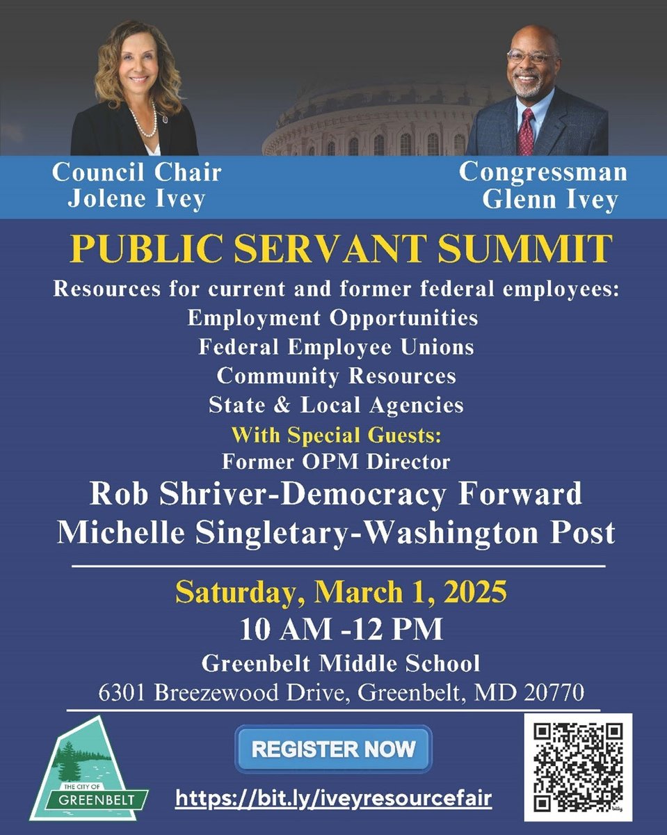 Congressman <a href="/glenniveymd/">Glenn Ivey</a> &amp; County Council Chair <a href="/joleneivey/">Jolene Ivey</a> are hosting a Public Servant Summit this Saturday, 3/1 at 10AM at Greenbelt Middle School, 6301 Breezewood Dr., Greenbelt. Resources will be available for current &amp; former federal employees. RSVP: bit.ly/iveyresourcefa…