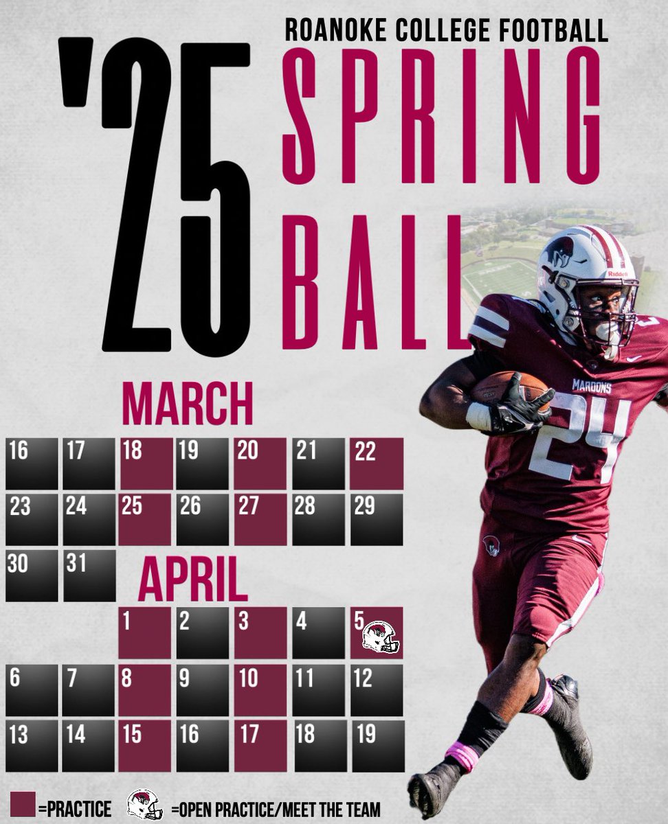 Roanoke College Football (@roanokefb) on Twitter photo 🏈SPRING BALL SCHEDULE🏈
Join us Saturday April 5th at our open practice and to meet the team. Practice begins at 10 AM.
Recruits reach out to our coaches to attend
<a href="/BryanStiney/">Coach Stiney</a>
<a href="/CoachGiancola/">Mike Giancola</a>
<a href="/Coach_Ferrick/">Mitch Ferrick</a>
<a href="/CoachGerardJ/">Gerard Johnson</a>
<a href="/CoachSprad_3/">Tony Spradlin</a>
<a href="/Coach_Ven3/">Darren Venable</a>
#WinTheOUTS #AllAboard26 🏈SPRING BALL SCHEDULE🏈
Join us Saturday April 5th at our open practice and to meet the team. Practice begins at 10 AM.
Recruits reach out to our coaches to attend
<a href="/BryanStiney/">Coach Stiney</a>
<a href="/CoachGiancola/">Mike Giancola</a>
<a href="/Coach_Ferrick/">Mitch Ferrick</a>
<a href="/CoachGerardJ/">Gerard Johnson</a>
<a href="/CoachSprad_3/">Tony Spradlin</a>
<a href="/Coach_Ven3/">Darren Venable</a>
#WinTheOUTS #AllAboard26