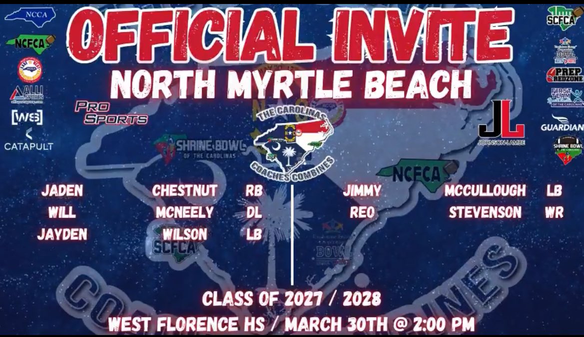 Extremely blessed for the invite <a href="/CoachesCombines/">Carolinas Coaches Combine</a>! Can’t wait to get out there and compete💪🏾💪🏾 <a href="/NMBHSFootball/">North Myrtle Beach Football</a> <a href="/NMBchanticleer/">Wayne White</a> <a href="/iguerin/">Ian Guerin</a> <a href="/PrepRedzoneSC/">Prep Redzone South Carolina</a> <a href="/Coach_White13/">Rod white</a>