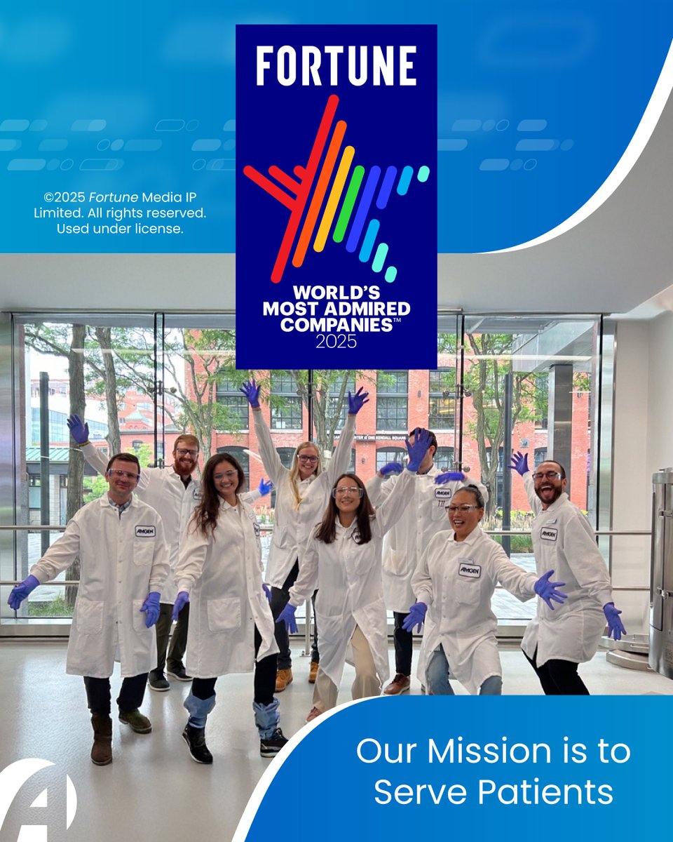 Amgen's tweet photo. 🏆 Amgen is honored to be recognized on @FortuneMagazine’s World’s Most Admired Companies list, ranking 6th among biopharma peers! 

🎉 We moved up 5 places in People Management, reflecting our commitment to attracting and developing top talent while serving patients worldwide. https://t.co/RcOS3k1rBh
