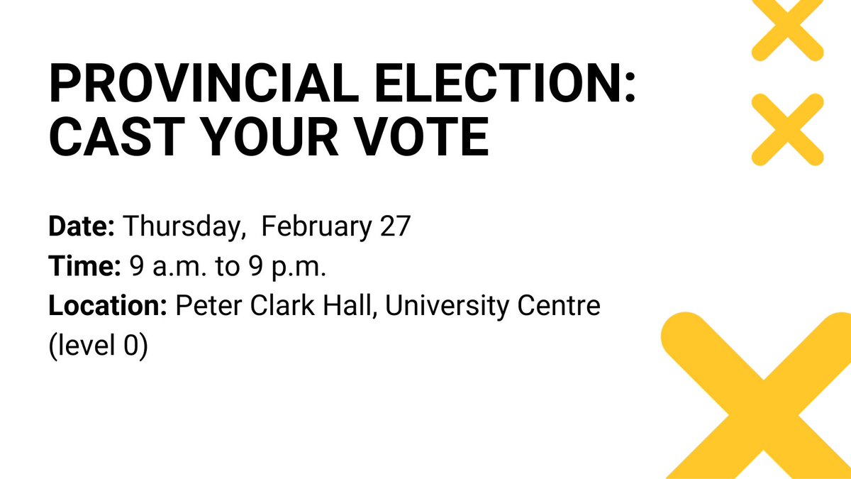 Thursday, February 27 is Election Day in Ontario. Make sure to confirm your assigned voting location on the Elections Ontario website.

For more information on how to vote and voting as a student visit: uoguel.ph/5z3vh