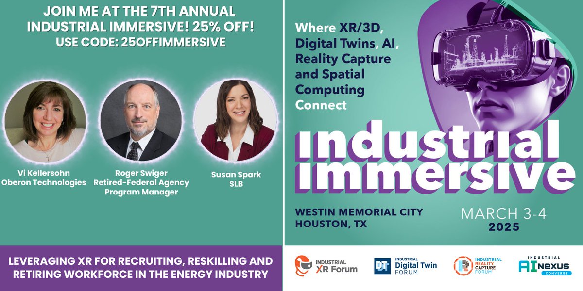 Vi Kellersohn will be leading a panel at #IndustrialIMMERSIVE next week with Susan Spark and Roger Swiger on how XR technology is enabling safer and more efficient training for energy workers. Visit Oberon @ booth #14 and get a live demo.
 
events.american-tradeshow.com/iiw25/agenda?i…
