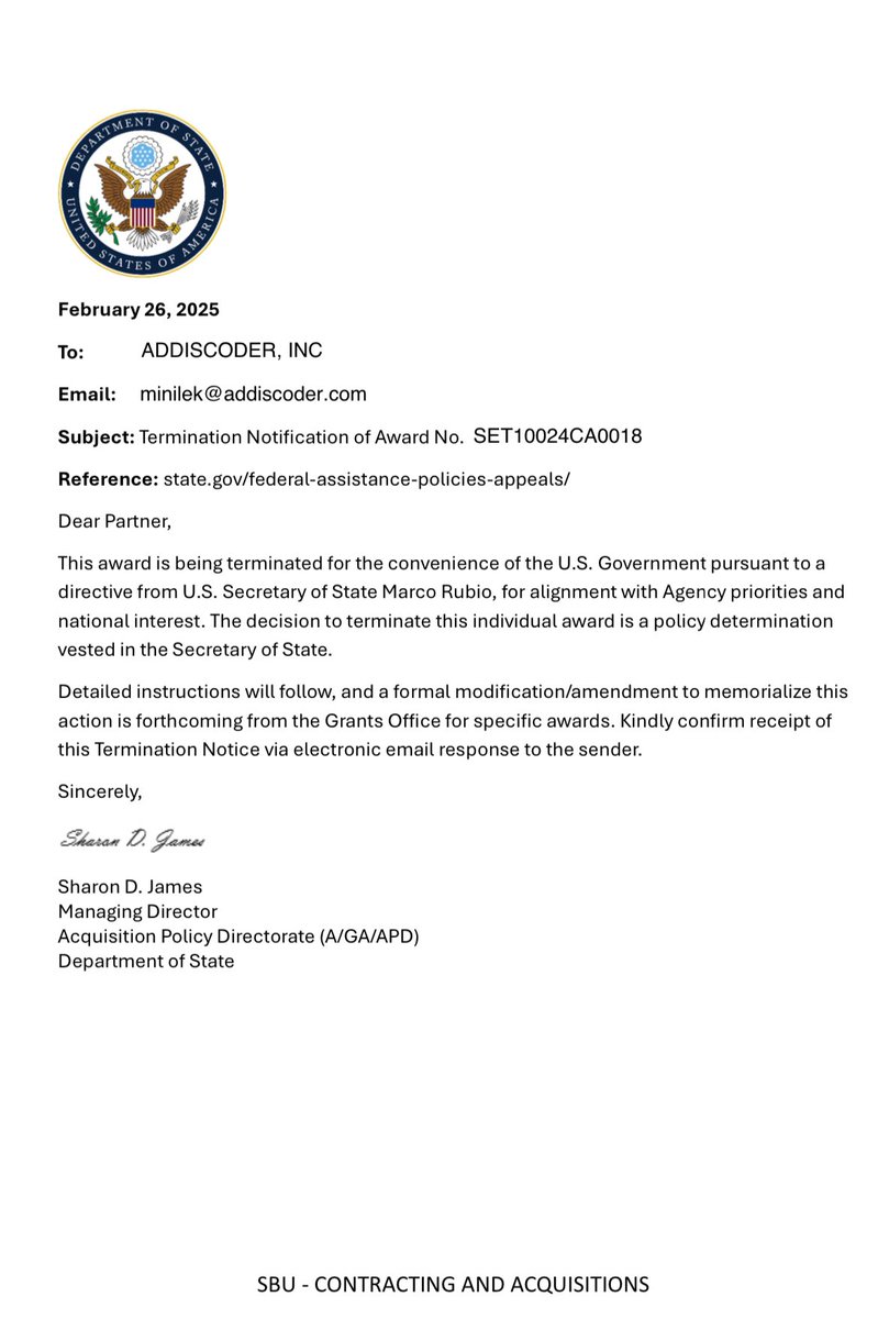 AddisCoder had a State Department grant cancelled. The weirdest part of this: AddisCoder has no, and never has had, any federal grant, from the State Dept or from anywhere else. So what got cancelled? 🤔

(They did want to give us $$ at some point, but we didn’t agree on terms.)