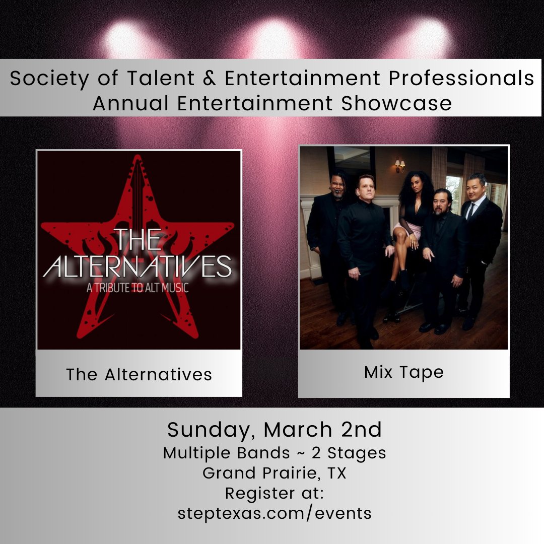 STEPROCKS's tweet image. This Sunday, March 2nd!
The Alternatives - A Tribute to Alternative Music – All your favorite 90s &amp;amp; 2000s alternative hits! 
Mix Tape – A high-energy mix of rock, pop, R&amp;amp;B, hip-hop, dance, &amp;amp; modern country! 
Register now: steptexas.com/events #STEP2025