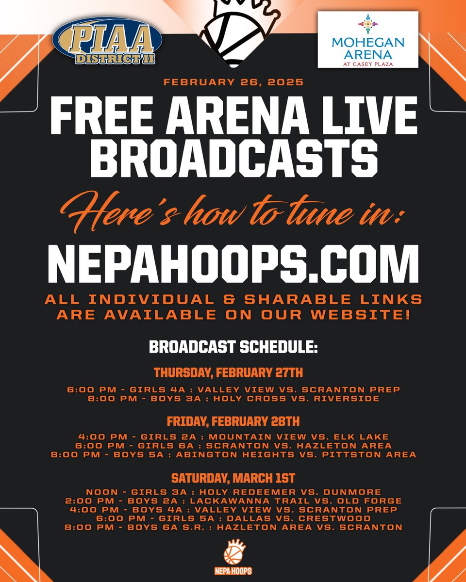 FREE ARENA LIVE BROADCASTS‼️🎧

NEPA Hoops, in partnership with NPF Sports, is excited to present FREE live broadcasts of the District 2 Basketball Championship games at Mohegan Arena from Thursday, 2/27, to Saturday, 3/1.

We’re bringing the action to you, with a total of 10