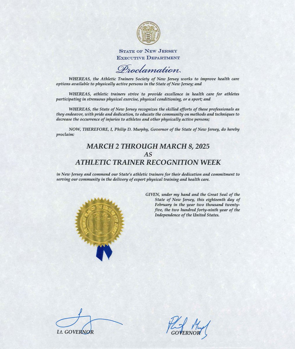 💪 Happy Athletic Trainer Recognition Week! 🏆

Thanks to <a href="/GovMurphy/">Governor Phil Murphy</a>, NJ is celebrating athletic trainers through March 8, 2025! A huge shoutout to TZG’s Eric Orlando for securing this proclamation for <a href="/NJSportSafety/">ATSNJ, Inc.</a>. Happy National Athletic Training Month!