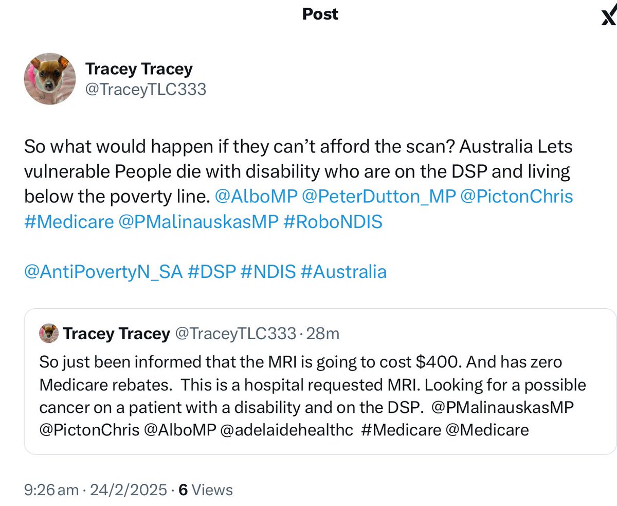TraceyTLC333's tweet photo. @AustralianLabor This happened this week under Labor. This person has complexed medical conditions and Disabilities and is on the DSP and they could not get a bulk billed MRI. #Labor #Medicare #BreastCancer #Cardiology #ChestMRI https://t.co/qzysHqIQOa