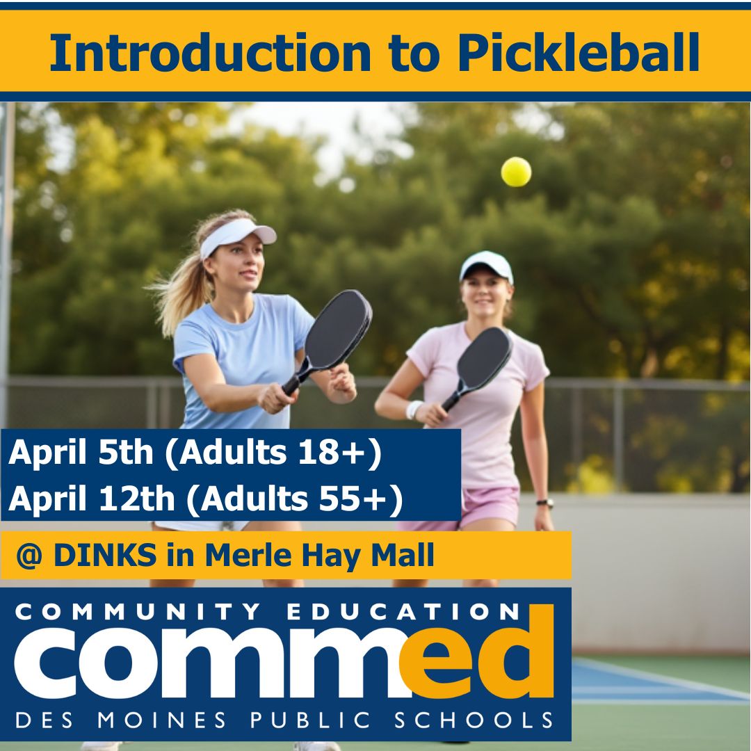 DMPSCommunityEd's tweet image. 🏓 Try the fastest-growing sport! 🎾

Join Introduction to Pickleball at DINKS in Merle Hay Mall!
➡️ April 5th (Adults 18+)
➡️ April 12th (Adults 55+)
Learn the basics &amp;amp; have fun on the court!
Register now: dmps.revtrak.net/Community-Ed-C… 
#DMPSCommunityEd #Pickleball