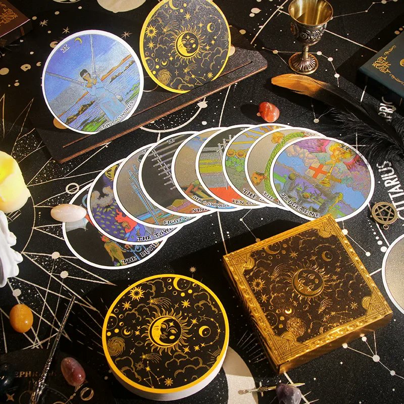TarotAwakened's tweet photo. ✨ 1909 Circular Gold Foil Tarot Deck! ✨

A unique round Rider-Waite-Smith deck with gold foil accents, perfect for dynamic readings! 🔮

✨ Circular 10cm x 10cm design
✨ Luxe gold detailing 
✨ Classic Rider-Waite symbolism reimagined

Get it here 👇
https://t.co/7KuhSC0XqI https://t.co/MU2OWXnzmL