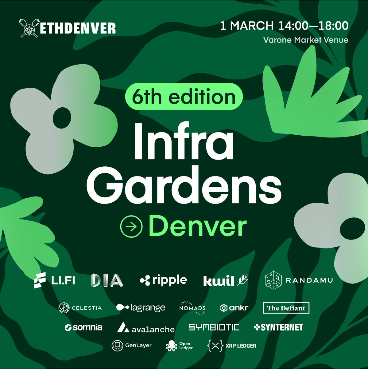🌿 🇺🇸 Infra Gardens returns to Denver—bigger &amp; bolder than ever!

On March 1st, <a href="/DIAdata_org/">DIA | Cross-Chain Oracles for Web3</a>,  <a href="/RippleXDev/">RippleX</a>, <a href="/KwilTeam/">Kwil</a>, LI.FI &amp; <a href="/RandamuInc/">Randamu</a> are bringing top builders together at ETHDenver for deep discussions on RWAs, blockchain security &amp; AI.

Don't miss it →