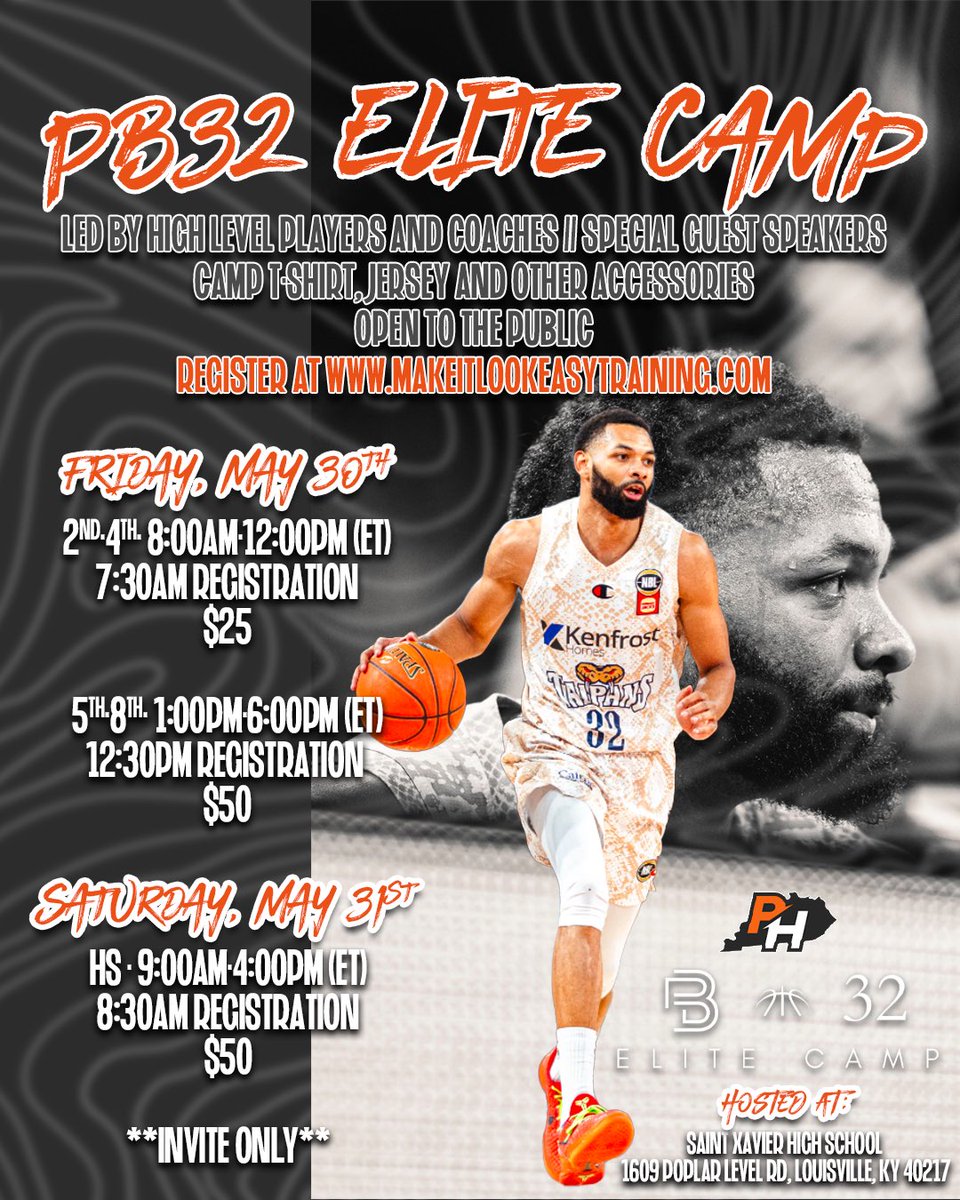 🚨PB32 Elite Camp 2025🚨

📆 Friday, May 30th:                                        ⏰2nd-4th-8:00am-12:00pm (ET)
⏰5th-8th-1:00pm-6:00pm (ET)

📆 Saturday, May 31st
⏰ HS- 9:00am-4:00pm (ET)

🔴 Camp will be led by elite level coaches! 

Register now!👇🏽
makeitlookeasytraining.com/pb32-elite-camp