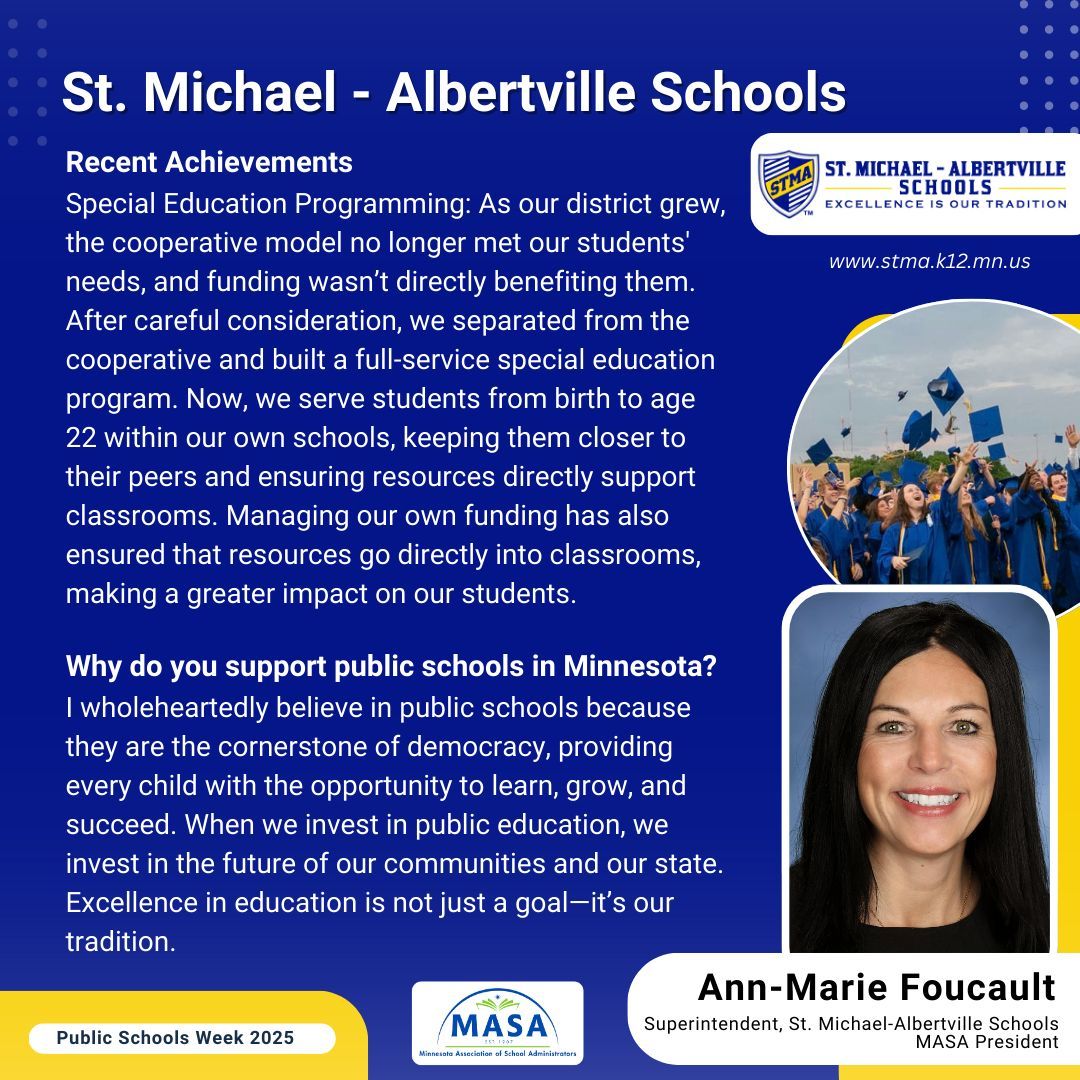 Let’s take a quick trip over to St. Michael-Albertville School District, led by MASA President and Superintendent Ann-Marie Foucault (<a href="/STMASUPT/">STMASUPT</a>). Read the full district highlight here: buff.ly/4i5LJOl #HereForTheKids #PSW25 #mnMASA #publicschools #minnesota