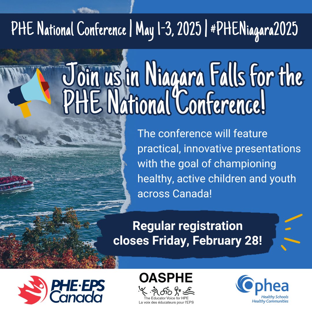Regular registration for #PHENiagara2025 closes 🚨 THIS FRIDAY! 🚨  

Join Ophea, <a href="/PHECanada/">PHE Canada | EPS Canada</a>, <a href="/Supportphe/">OASPHE</a>, and leaders from across Canada to explore strategies supporting children &amp; youth in leading healthy, active lives that support overall well-being: bit.ly/RegisterForPHE…