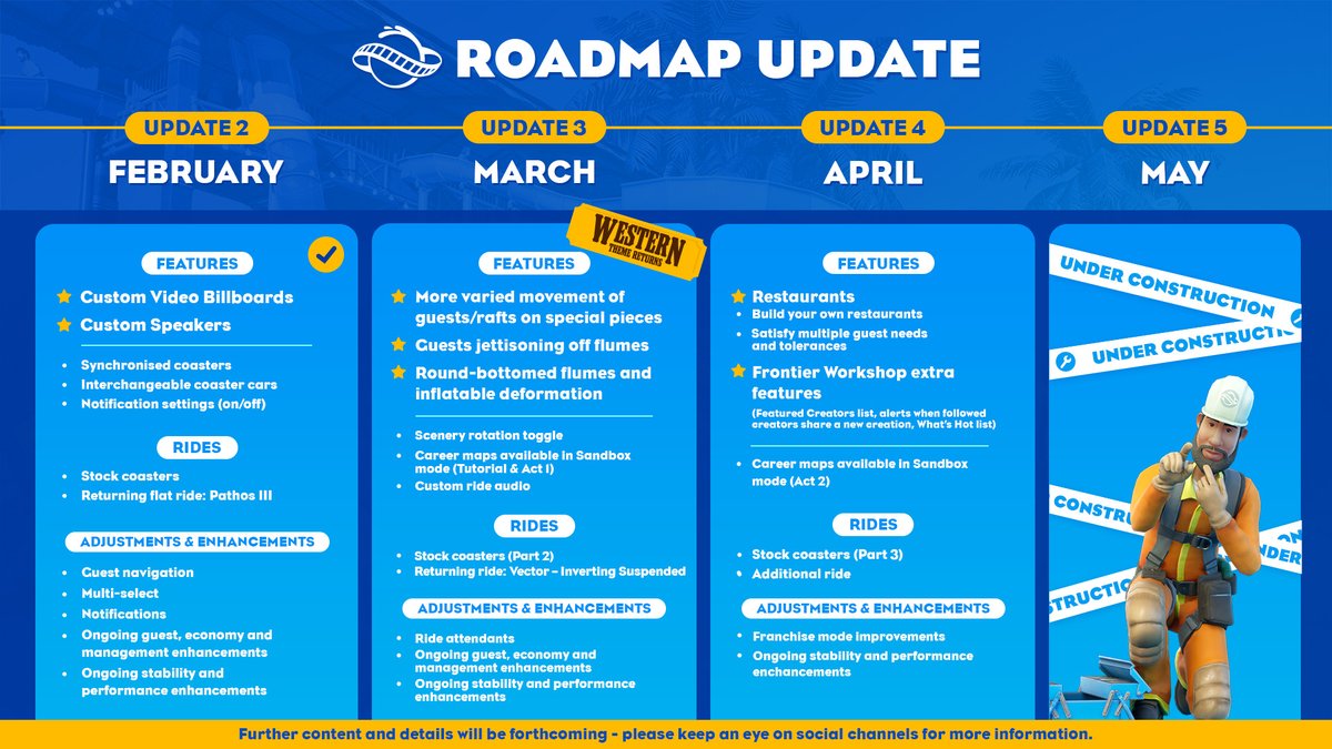 In case you missed it - Update 3 for Planet Coaster 2 launches on March 20th.

Take a look at what's included in this update and beyond, in our updated roadmap.