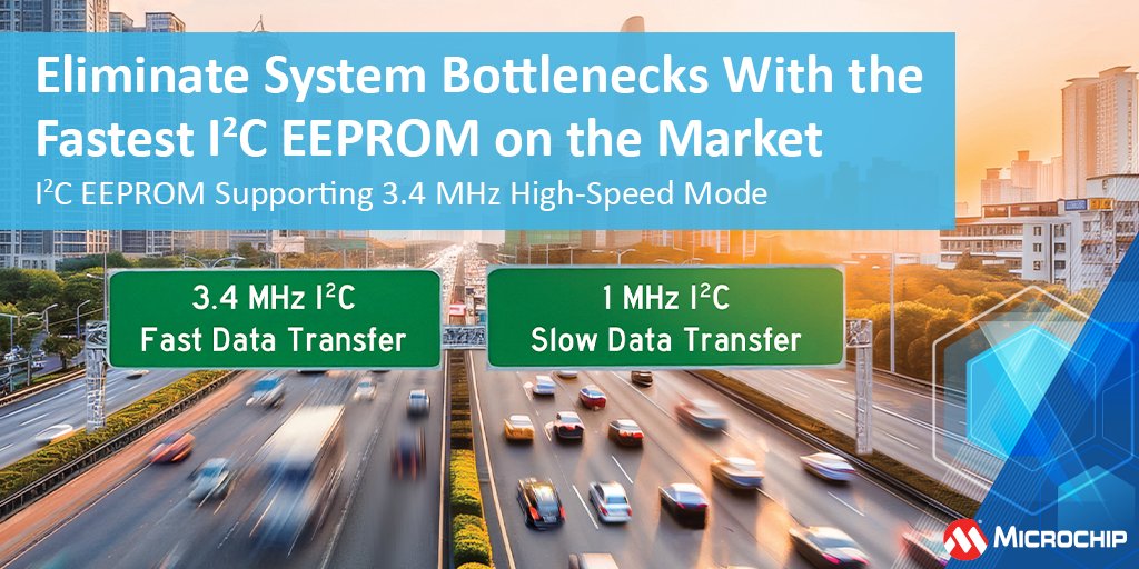 MicrochipTech's tweet image. Is your EEPROM causing bottlenecks? Your system’s latency bus is determined by its slowest component and the fastest EEPROMs max out at 1 MHz. That's why we built the first 3.4 MHz I2C EEPROM on the market: mchp.us/3Dlwcuc. #EEPROM #I2C #EmbeddedElectronics #Arduino