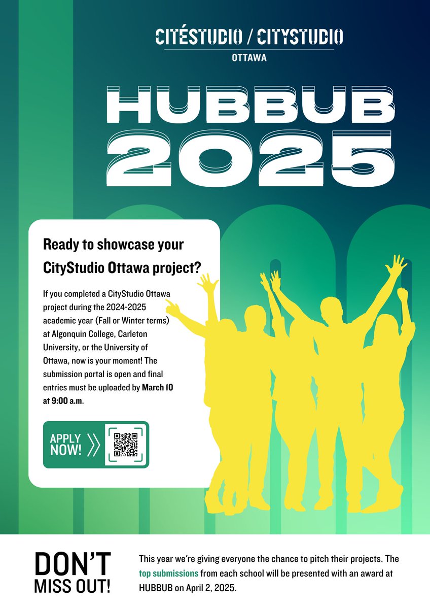 CitéStudio/CityStudio Ottawa (@csottawa_) on Twitter photo Get ready to celebrate your CityStudio Ottawa project at #HUBBUB2025! Completed a CityStudio Ottawa project at <a href="/AlgonquinColleg/">Algonquin College</a> , <a href="/Carleton_U/">Carleton University</a> , or <a href="/uOttawa/">Université d'Ottawa | University of Ottawa</a> ?
Submit by March 10 at 9 AM for a chance to shine on April 2nd!
Learn more ➡️ csottawa.ca/call-for-proje… Get ready to celebrate your CityStudio Ottawa project at #HUBBUB2025! Completed a CityStudio Ottawa project at <a href="/AlgonquinColleg/">Algonquin College</a> , <a href="/Carleton_U/">Carleton University</a> , or <a href="/uOttawa/">Université d'Ottawa | University of Ottawa</a> ?
Submit by March 10 at 9 AM for a chance to shine on April 2nd!
Learn more ➡️ csottawa.ca/call-for-proje…