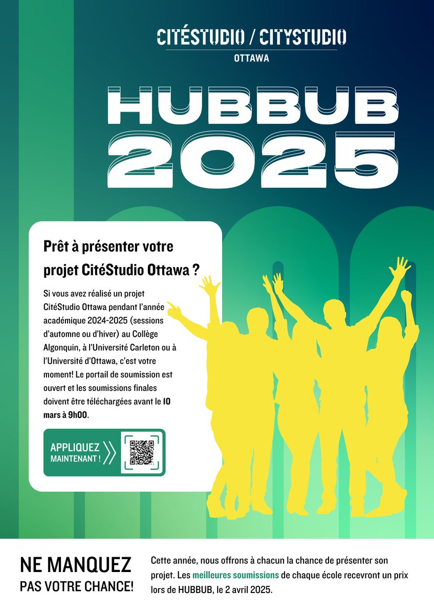 CitéStudio/CityStudio Ottawa (@csottawa_) on Twitter photo Préparez-vous à célébrer votre projet CSO à #HUBBUB2025! Vous avez réalisé un projet CSO à <a href="/AlgonquinColleg/">Algonquin College</a> , <a href="/Carleton_U/">Carleton University</a> ou <a href="/uOttawa/">Université d'Ottawa | University of Ottawa</a> ?
Soumettez votre projet avant le 10 mars à 9 h pour avoir la chance de briller le 2 avril!
En savoir plus ➡️csottawa.ca/fr/call-for-pr… Préparez-vous à célébrer votre projet CSO à #HUBBUB2025! Vous avez réalisé un projet CSO à <a href="/AlgonquinColleg/">Algonquin College</a> , <a href="/Carleton_U/">Carleton University</a> ou <a href="/uOttawa/">Université d'Ottawa | University of Ottawa</a> ?
Soumettez votre projet avant le 10 mars à 9 h pour avoir la chance de briller le 2 avril!
En savoir plus ➡️csottawa.ca/fr/call-for-pr…