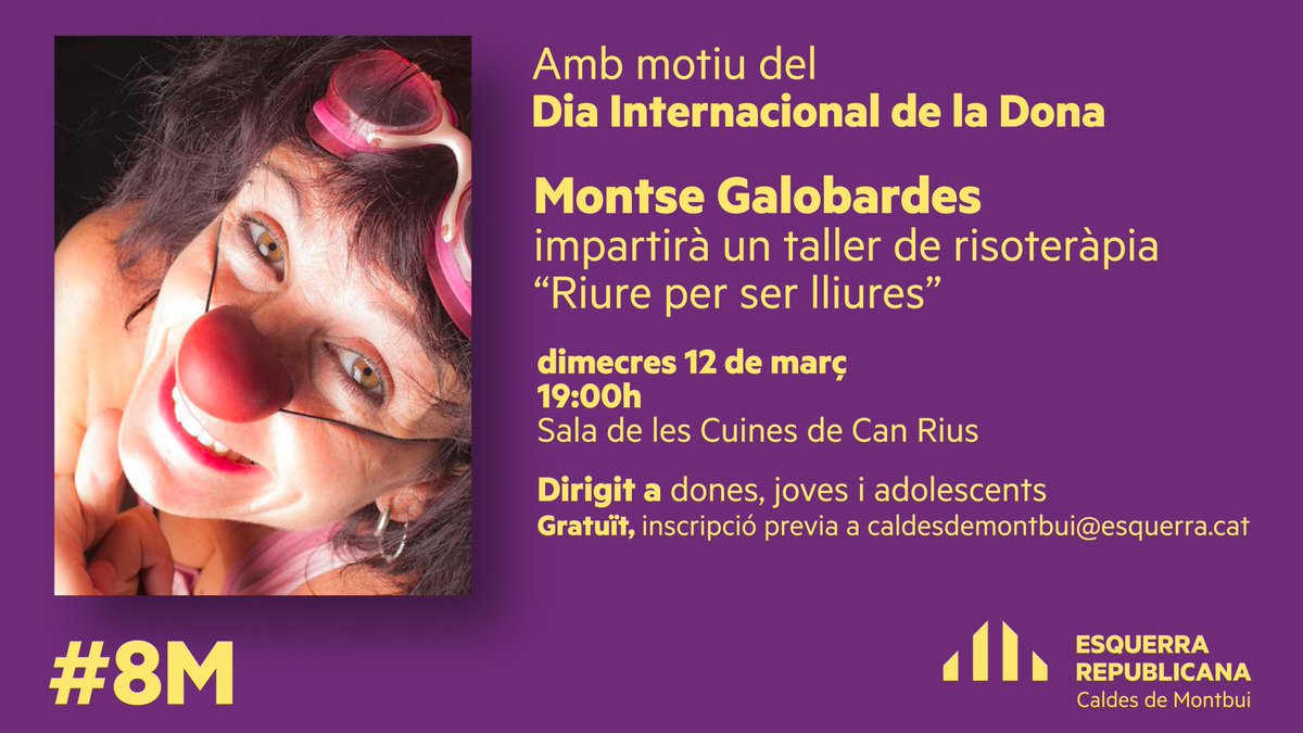 📢Amb motiu del Dia Internacional de la Dona, <a href="/ERC_Caldes/">ERC Caldes</a> convida a totes les dones, joves i adolescents, a un taller de Risoteràpia “Riure per ser lliures” impartit per Montse Galobardes.

📍Dimecres 12 de març, 19 h, a la Sala de les Cuines de Can Rius a Caldes de Montbui.
