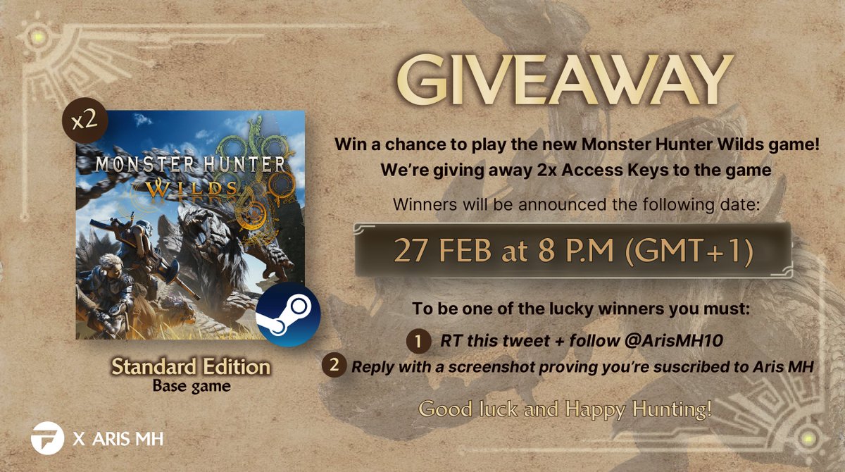To celebrate the launch of #MHWilds, I’ve teamed up with <a href="/Fanatical/">Fanatical</a> to give away 2 PC keys of the game! 🎁

How to enter:
🔁 RT this tweet
✅ Follow <a href="/ArisMH10/">Aris MH</a>
💬 Reply with a screenshot proving you're subscribed to my YouTube channel: Aris MH

📅 The giveaway ends on February 27