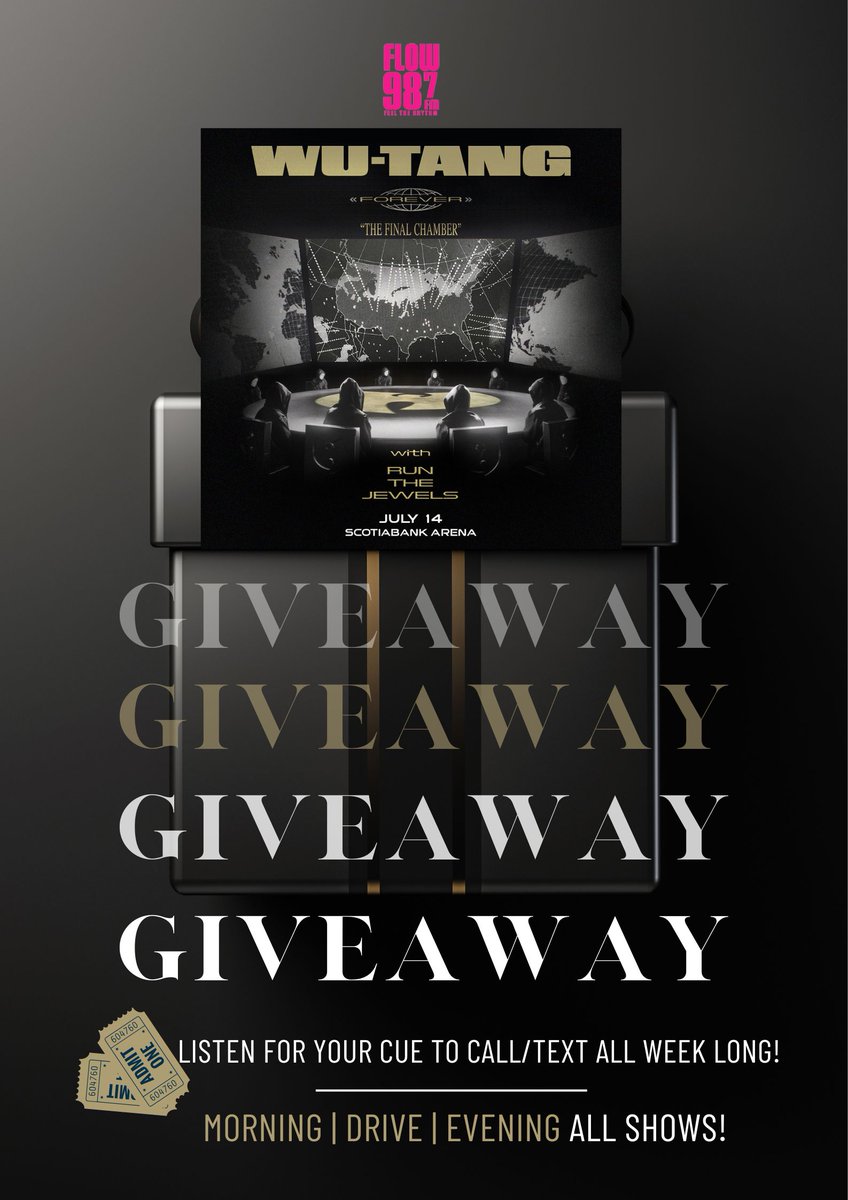 FLOW 98.7 FM (@flow987fm) on Twitter photo The legendary <a href="/WuTangClan/">Wu Tang Clan</a> is bringing the heat to <a href="/ScotiabankArena/">Scotiabank Arena</a> on Monday July 14th!
FLOW987FM has your chance to witness hip-hop history as they deliver their iconic hits, alongside the electrifying duo <a href="/runjewels/">Run The Jewels</a>! LISTEN for your cue to CALL/TEXT - ALL SHOWS all week long! The legendary <a href="/WuTangClan/">Wu Tang Clan</a> is bringing the heat to <a href="/ScotiabankArena/">Scotiabank Arena</a> on Monday July 14th!
FLOW987FM has your chance to witness hip-hop history as they deliver their iconic hits, alongside the electrifying duo <a href="/runjewels/">Run The Jewels</a>! LISTEN for your cue to CALL/TEXT - ALL SHOWS all week long!