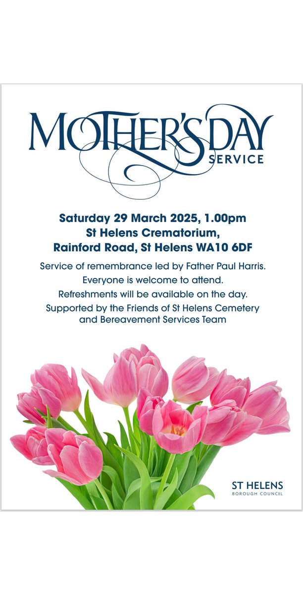 Service of remembrance for Mother's Day, March 29. <a href="/CoopFuneralcare/">Co-op Funeralcare</a> will bring refreshments and support. <a href="/coopuk/">Co-op</a> <a href="/janeross_coop/">Jane Ross</a> <a href="/bloomer_tim/">Tim Bloomer</a> <a href="/Madhusu77420501/">Madhusudhan Roy</a> <a href="/CoopSueG/">Sue Green</a> <a href="/FOSCG1/">St.Helens Cemetery (QAVS)</a> <a href="/sthelenscouncil/">St Helens Borough Council</a>