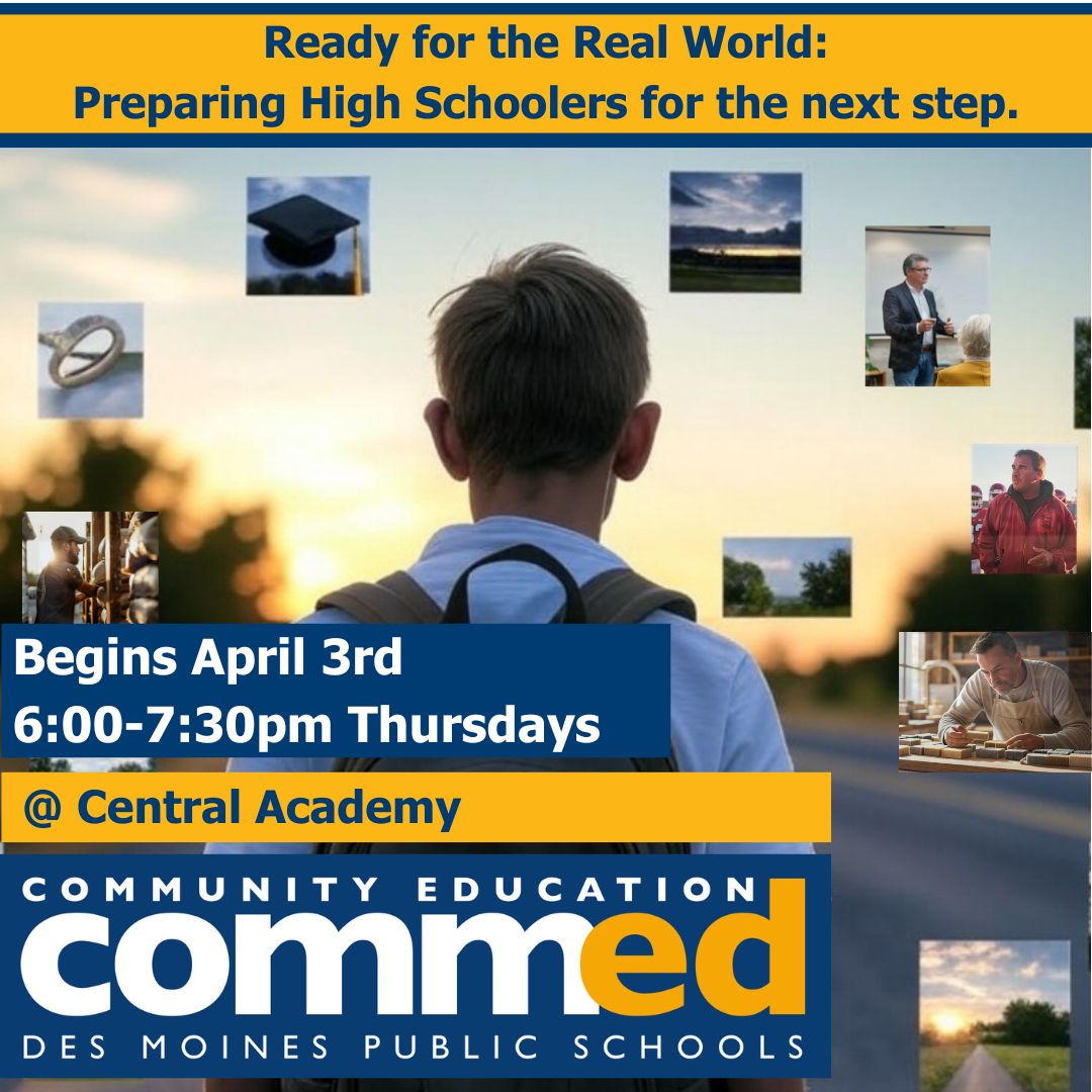 DMPSCommunityEd's tweet image. 🎓 Prep for what’s next! 🚀

Join Ready for the Real World starting April 3rd, Thursdays 6:00-7:30 PM at Central Academy! 💡 Learn essential life skills to navigate adulthood with confidence!

Register now: dmps.revtrak.net/Community-Ed-C… 
#DMPSCommunityEd #LifeSkills #FutureReady