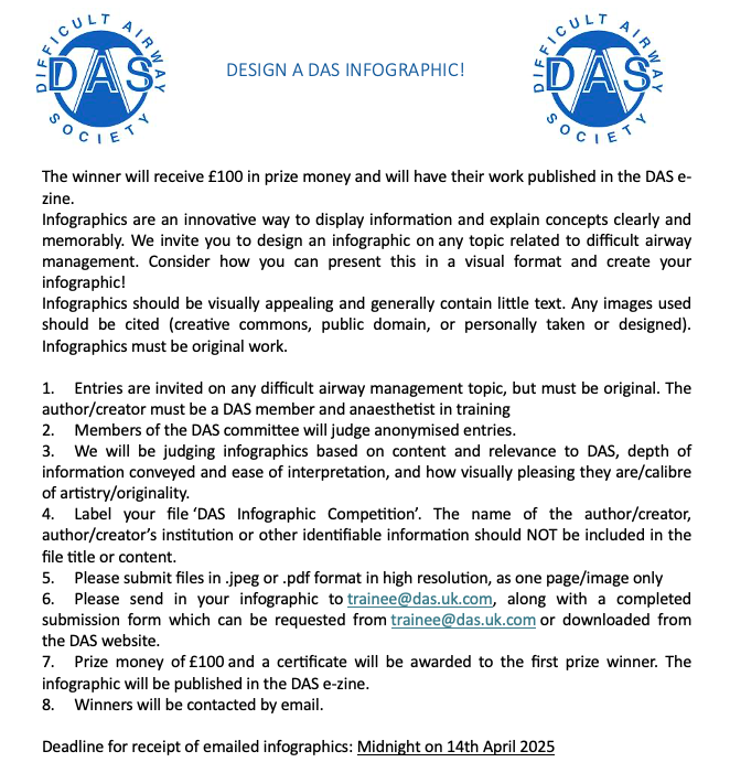 Difficult Airway Society (DAS) Residents (@dasresidents) on Twitter photo Calling all Resident Doctors!
The DAS Resident Infographic Competition is back for 2025. If you are skilled at design why not turn your favourite airway guidelines or article into an infographic. Details of how to enter are below. Good Luck! <a href="/dasairway/">Difficult Airway Society (DAS)</a> Calling all Resident Doctors!
The DAS Resident Infographic Competition is back for 2025. If you are skilled at design why not turn your favourite airway guidelines or article into an infographic. Details of how to enter are below. Good Luck! <a href="/dasairway/">Difficult Airway Society (DAS)</a>