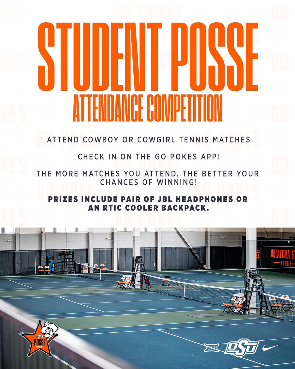 CALLING ALL STUDENTS 🗣️

Get to the GTC this season to support your Cowboys and Cowgirls! Two lucky winners will be selected after the home regular season finale to win one of:

🔸JBL Headphones 
🔸RTIC Backpack Cooler 

<a href="/CowgirlTennis/">OSU Cowgirl Tennis</a> | <a href="/OSUAthletics/">Oklahoma State Athletics</a>