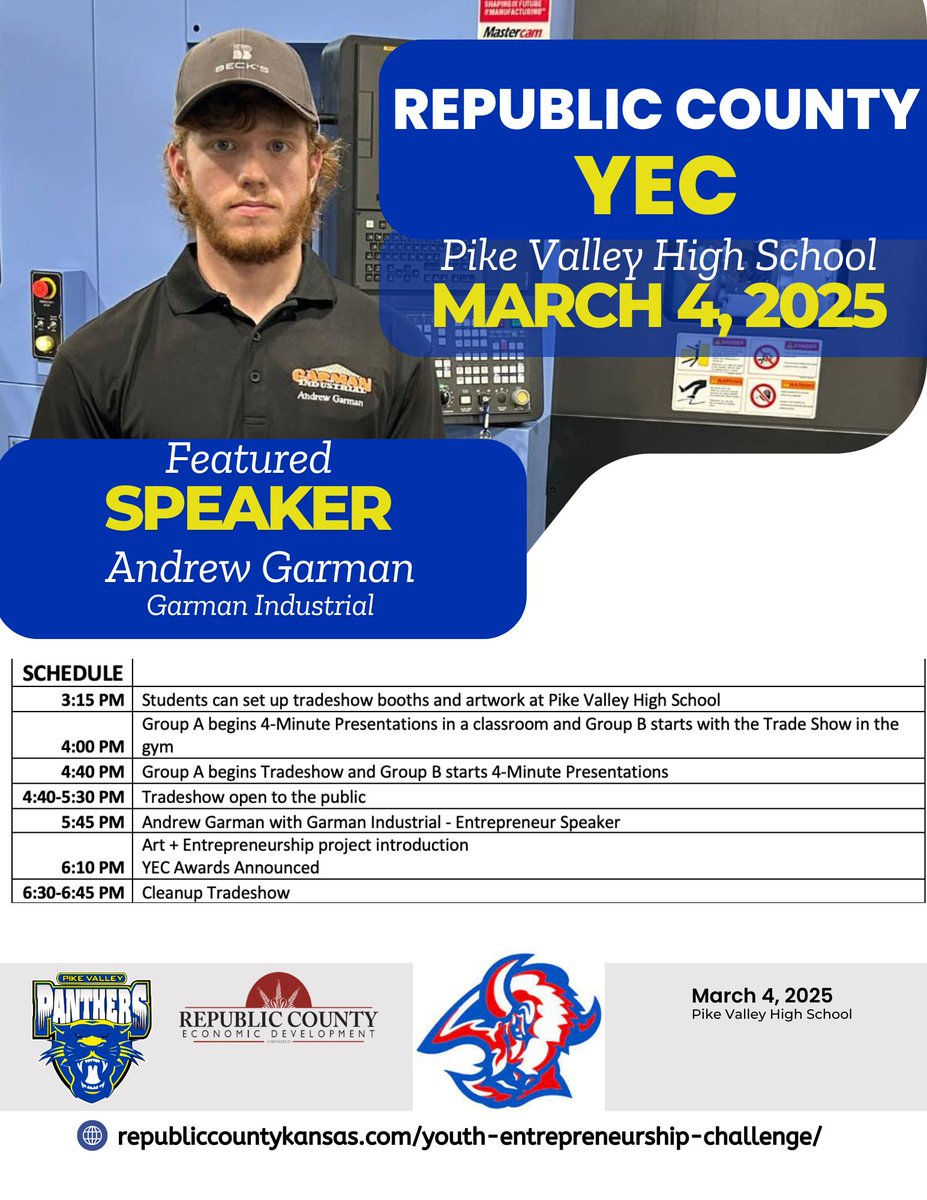 RepCoED's tweet image. The public is invited to come to the Republic County Youth Entrepreneurship Challenge on March 4th at 4:40 at Pike Valley High School.  Thanks to @networkkansas and K-State 105.