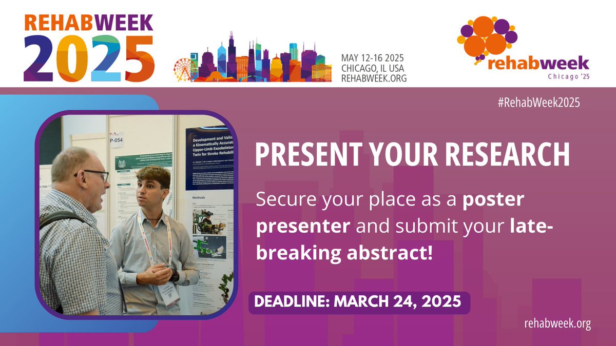 RehabWeek (@rehabweekorg) on Twitter photo Got research to share? Submit your late-breaking abstract for a poster presentation at #RehabWeek2025 and showcase your work to the global rehabilitation technology community!
đź”— bit.ly/4hUiii1
<a href="/ICORR_2025/">ICORR 2025</a> <a href="/IFESS_org/">Int’l Functional Electrical Stimulation Society</a> <a href="/ISVRSociety/">ISVRSociety</a> <a href="/ACRMtweets/">ACRM</a> <a href="/MiNT_hobbs/">The MiNT Academy: Masterclass in Neurotechnology</a> <a href="/RESNAorg/">RESNA</a> Got research to share? Submit your late-breaking abstract for a poster presentation at #RehabWeek2025 and showcase your work to the global rehabilitation technology community!
đź”— bit.ly/4hUiii1
<a href="/ICORR_2025/">ICORR 2025</a> <a href="/IFESS_org/">Int’l Functional Electrical Stimulation Society</a> <a href="/ISVRSociety/">ISVRSociety</a> <a href="/ACRMtweets/">ACRM</a> <a href="/MiNT_hobbs/">The MiNT Academy: Masterclass in Neurotechnology</a> <a href="/RESNAorg/">RESNA</a>