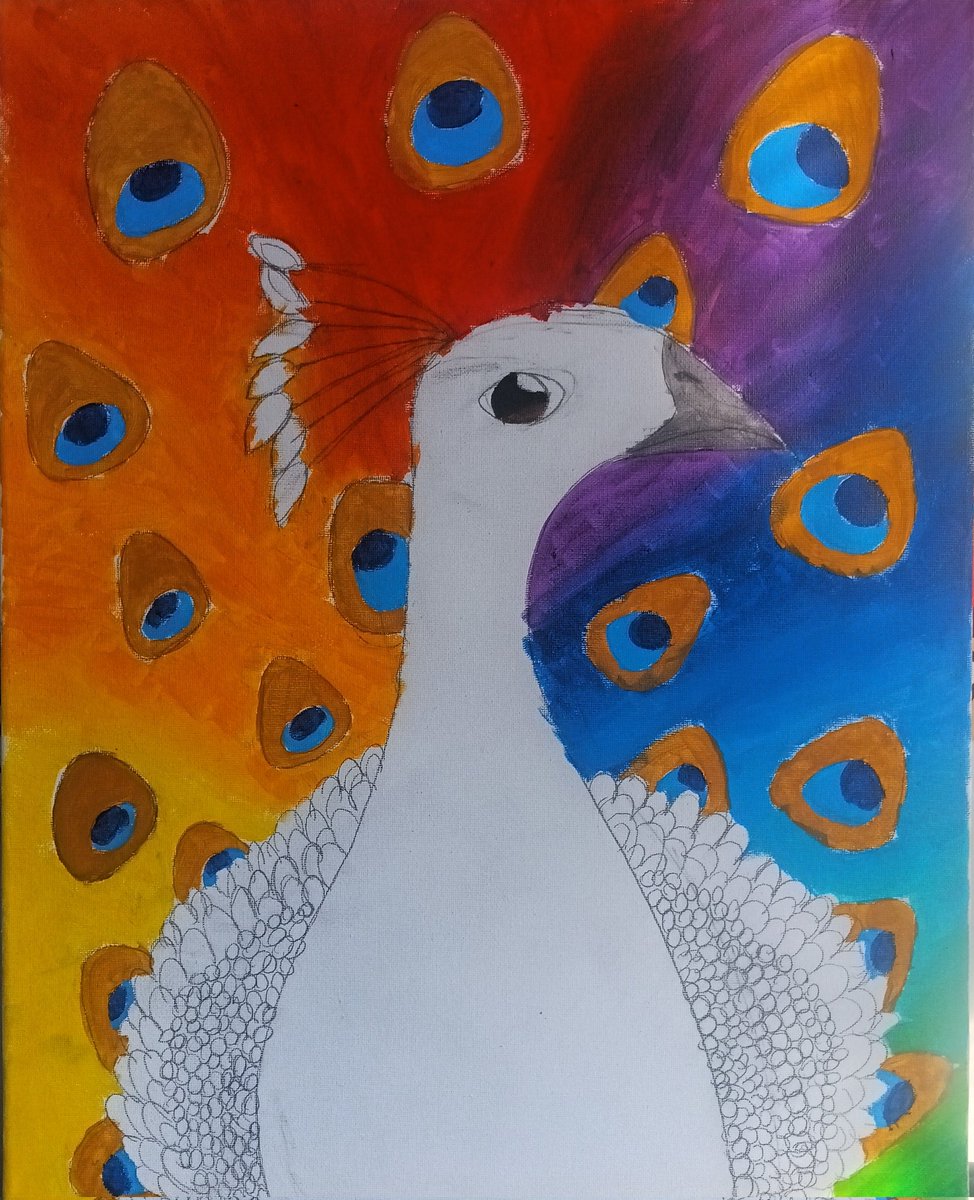 LuvSunnyDee's tweet photo. The painting of a white Peacock with colorful feathers #NBC #NBCpeacock #art #Peacock #NBC4You https://t.co/p0OIYc9q4L