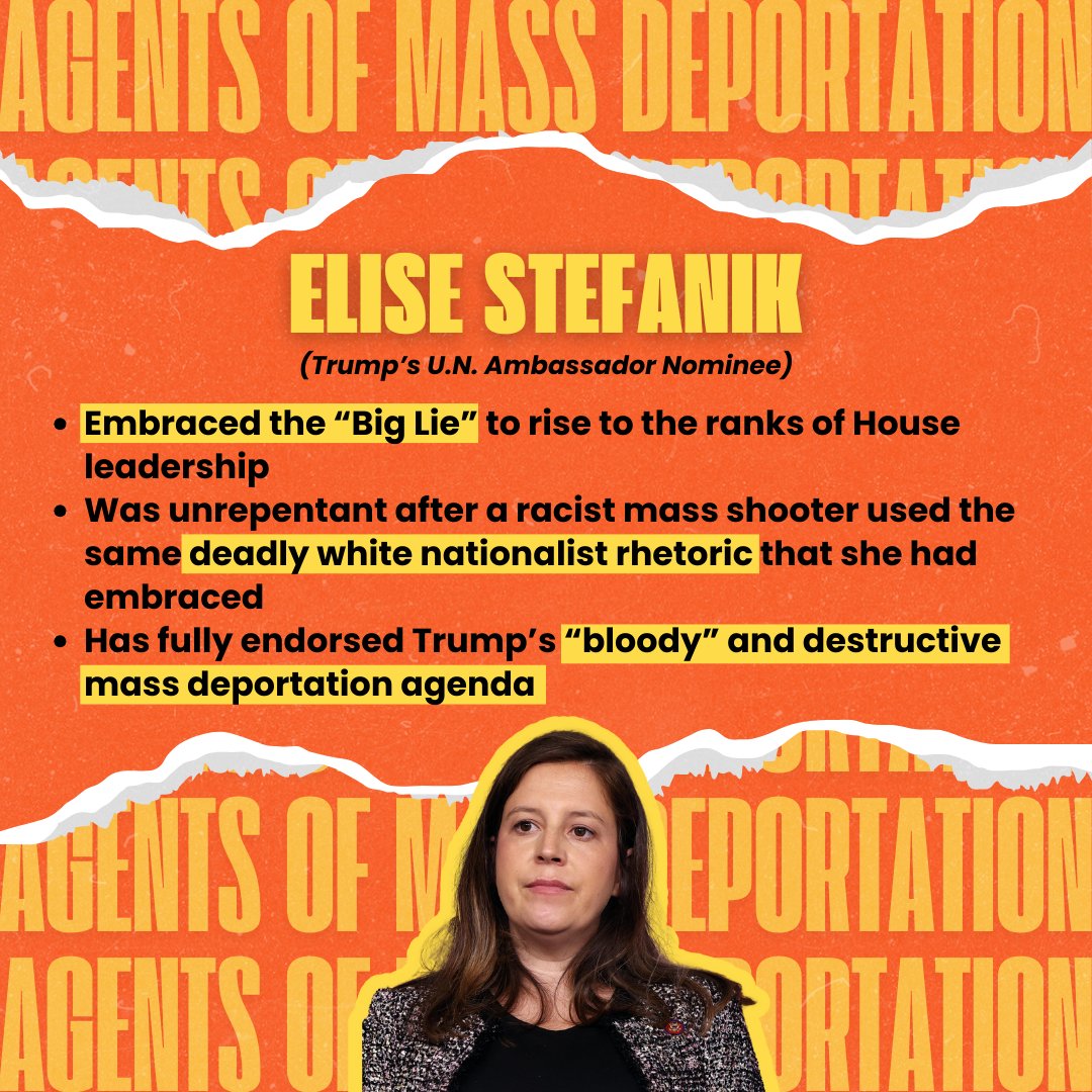 Meet Trump’s U.N ambassador nominee: Elise Stefanik another agent of mass deportation who has embraced white nationalist extremism and dangerous conspiracy theories with mass deportations just to rise within her party’s ranks.