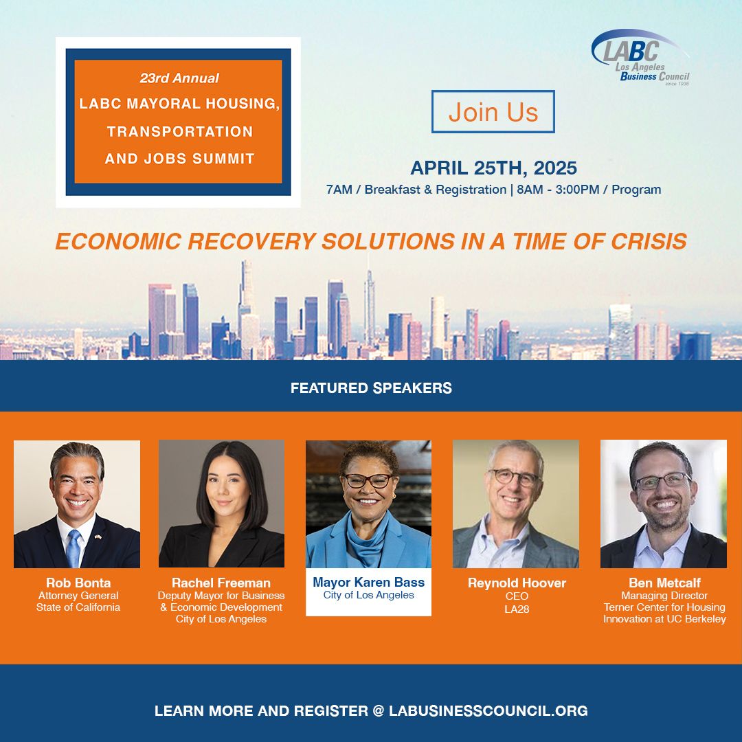The Los Angeles Business Council is organizing the 23rd Annual Mayoral Housing, Transportation, and Jobs Summit (MHTJS) at the UCLA Luskin Conference Center on April 25th, 2025.

Register here: buff.ly/3EZf9Pu