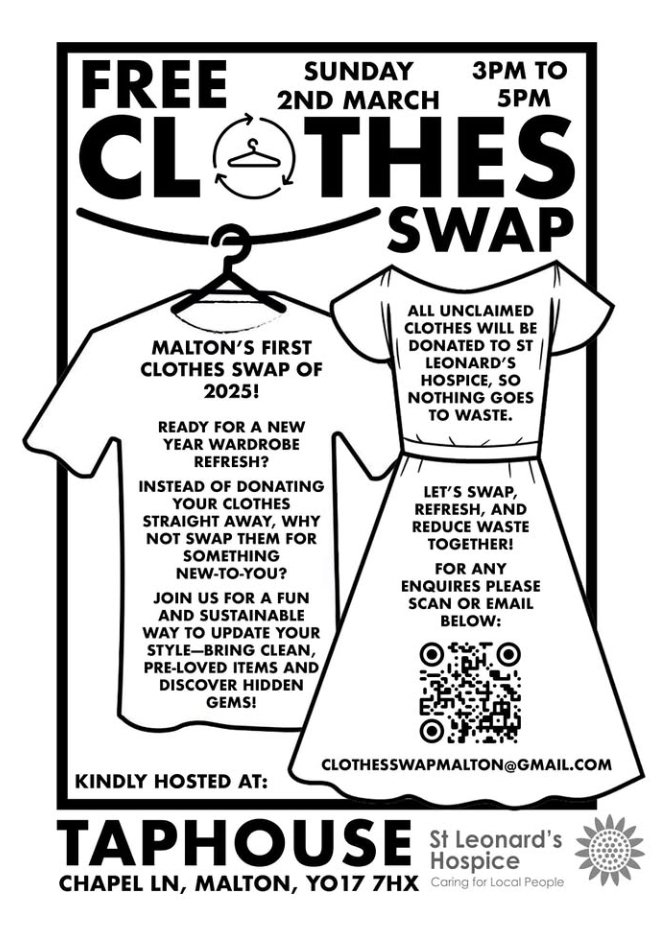 Circular Malton and Norton (@circularmalton) on Twitter photo This Sunday 2nd March from 3pm to 5pm in <a href="/visitmalton/">Visit Malton</a>
at <a href="/BrassCastleBeer/">Brass Castle Brewery</a> Taphouse
Malton's first Free Clothes Swap of 2025
👗👖🧥👚👕🧤
All donations to <a href="/StLeonardsYork/">St Leonards Hospice</a>
♻️💚 This Sunday 2nd March from 3pm to 5pm in <a href="/visitmalton/">Visit Malton</a>
at <a href="/BrassCastleBeer/">Brass Castle Brewery</a> Taphouse
Malton's first Free Clothes Swap of 2025
👗👖🧥👚👕🧤
All donations to <a href="/StLeonardsYork/">St Leonards Hospice</a>
♻️💚