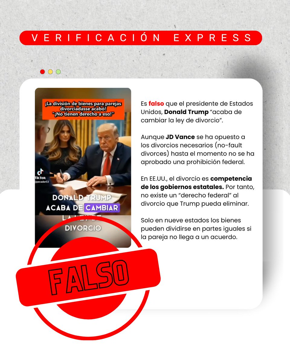 ⚡️#VerificadoExpress | ❌ No, Donald Trump no modificó la ley de #divorcios en #EstadosUnidos 🇺🇸

👰‍♀️🤵Los  matrimonios y divorcios son competencia de las autoridades estatales y no del gobierno federal #TeConvieneSaberMás 🔎