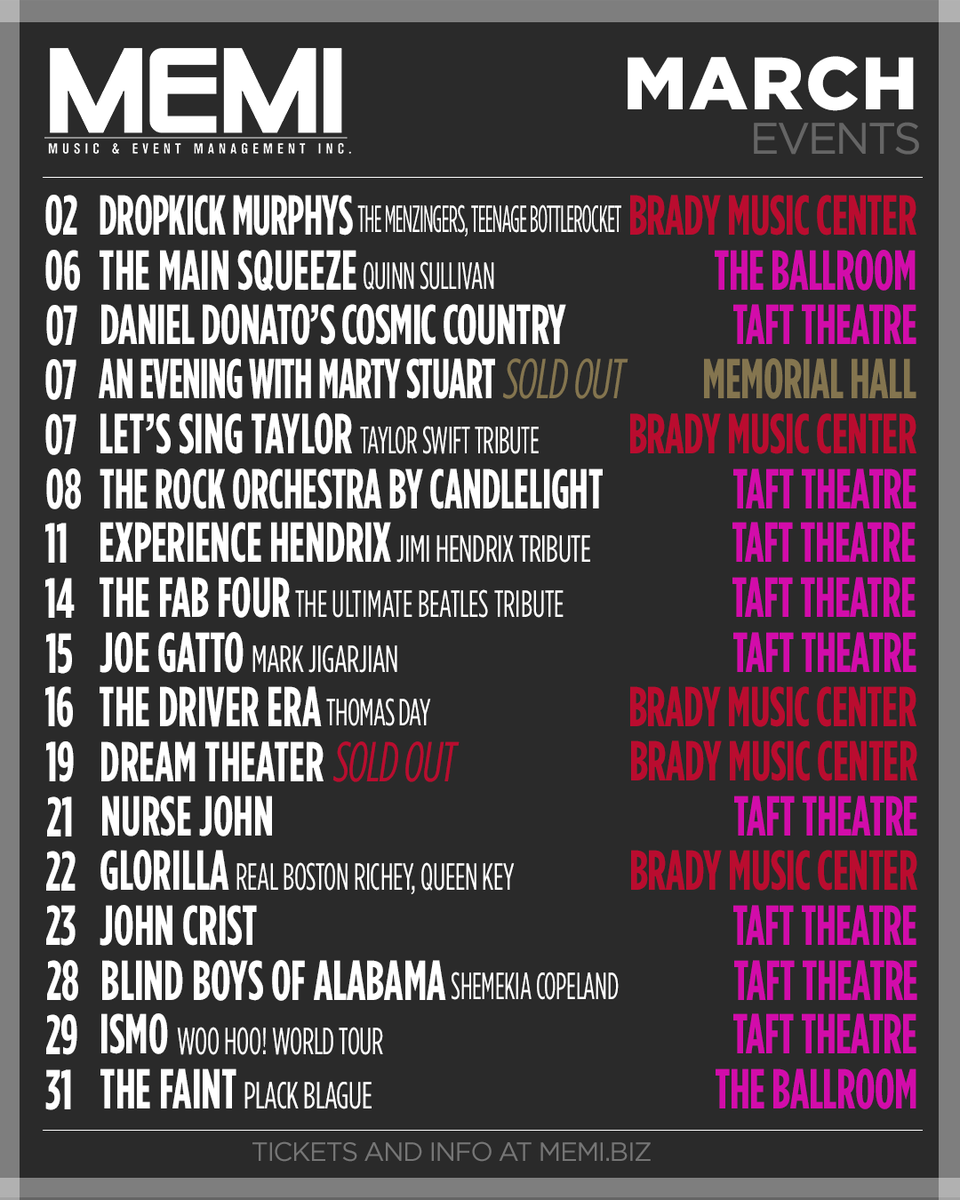 MEMI (@memiconcerts) on Twitter photo It’s only right that March is starting off with a little bit of Celtic punk ☘️ Get tickets for these upcoming shows at <a href="/TaftTheatre/">TAFT THEATRE</a> and <a href="/BradyMusicCtr/">The Andrew J Brady Music Center</a> at memi.biz It’s only right that March is starting off with a little bit of Celtic punk ☘️ Get tickets for these upcoming shows at <a href="/TaftTheatre/">TAFT THEATRE</a> and <a href="/BradyMusicCtr/">The Andrew J Brady Music Center</a> at memi.biz