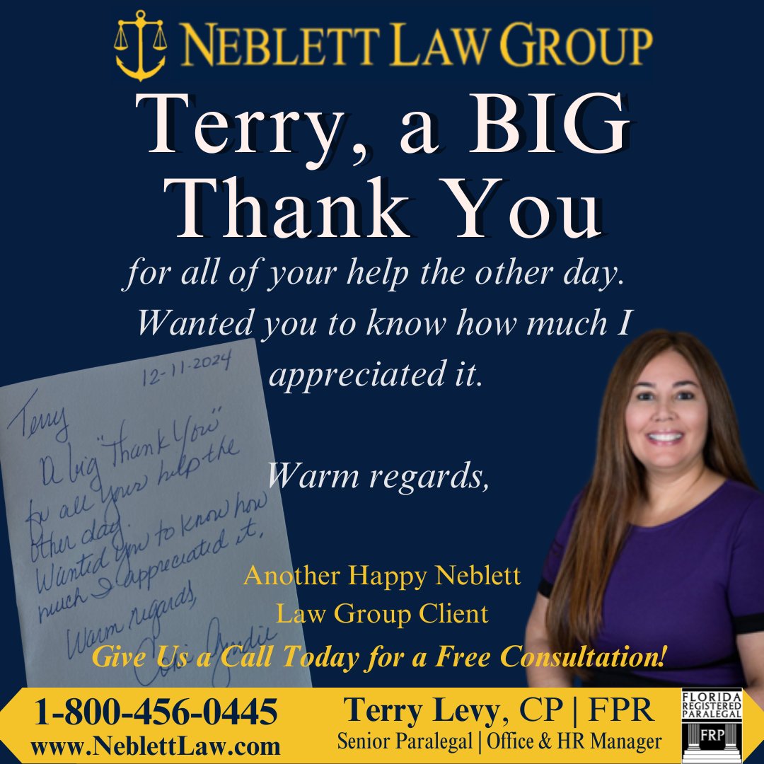 NeblettLaw's tweet photo. Thank you, Terry Levy, for your dedication and outstanding support! Your hard work does not go unnoticed, and our clients truly appreciate everything you do. #NeblettLaw #RealTrialLawyers

https://t.co/MIAam1QP9f https://t.co/z8zDxNadux https://t.co/YAnxKrZAxZ