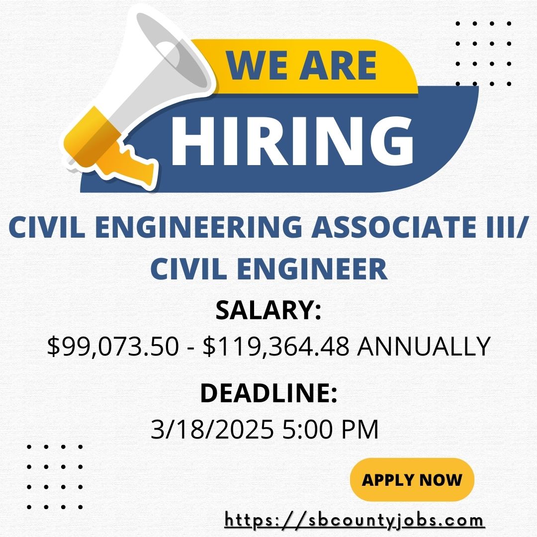 COSBPublicWorks's tweet image. We are hiring! We are currently looking for a Civil Engineering Associate III/Civil Engineer and a Resource Recovery and Waste Management Compliance Manager. Apply NOW at sbcountyjobs.com.