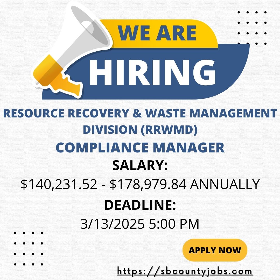COSBPublicWorks's tweet image. We are hiring! We are currently looking for a Civil Engineering Associate III/Civil Engineer and a Resource Recovery and Waste Management Compliance Manager. Apply NOW at sbcountyjobs.com.