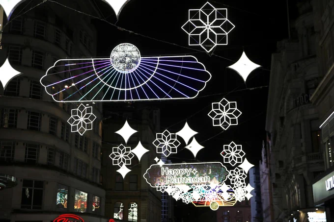 'Happy Ramadan' lights above the street