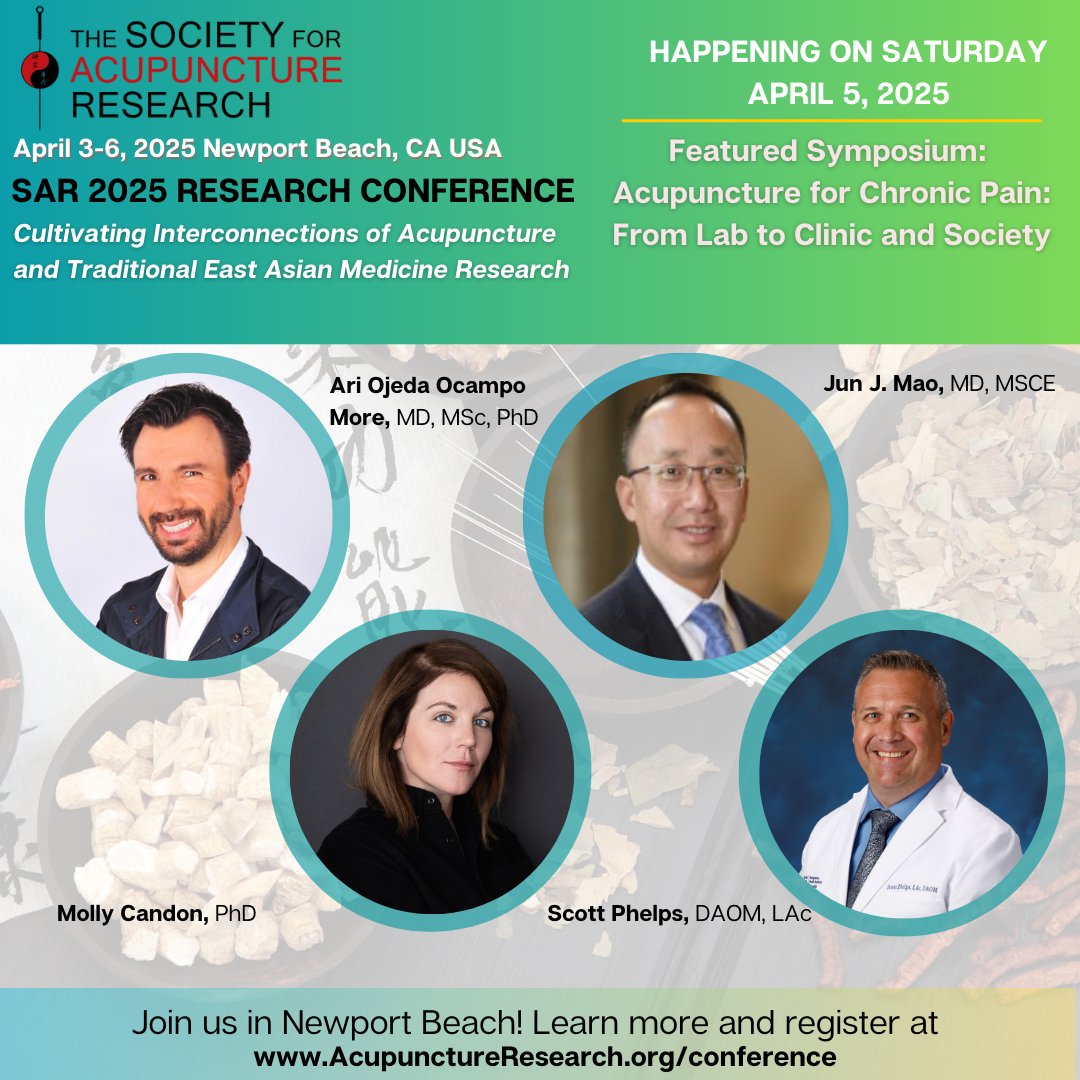 Society for Acupuncture Research (@sar_acuresearch) on Twitter photo SAR International Research Conference: April 3-6, 2025 Newport Beach, CA USA #SAR2025CA
Register: acupunctureresearch.org/registration-2β¦
Highlights:
ποΈ Improving Chronic Diseases for All Through TEAM Research & Clinical Care
ποΈ Acupuncture for Chronic Pain: From Lab to Clinic and Society SAR International Research Conference: April 3-6, 2025 Newport Beach, CA USA #SAR2025CA
Register: acupunctureresearch.org/registration-2β¦
Highlights:
ποΈ Improving Chronic Diseases for All Through TEAM Research & Clinical Care
ποΈ Acupuncture for Chronic Pain: From Lab to Clinic and Society