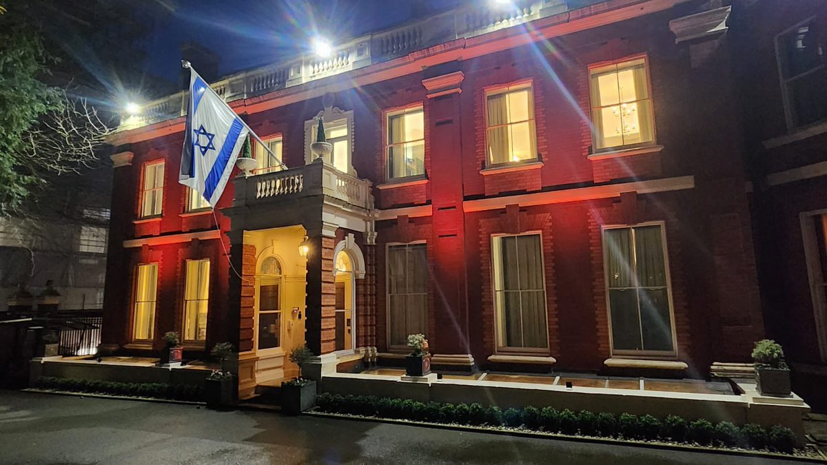 Our embassy in London tonight lit up in orange in memory of Shiri, Kfir and Ariel . 

May their memory be a blessing.