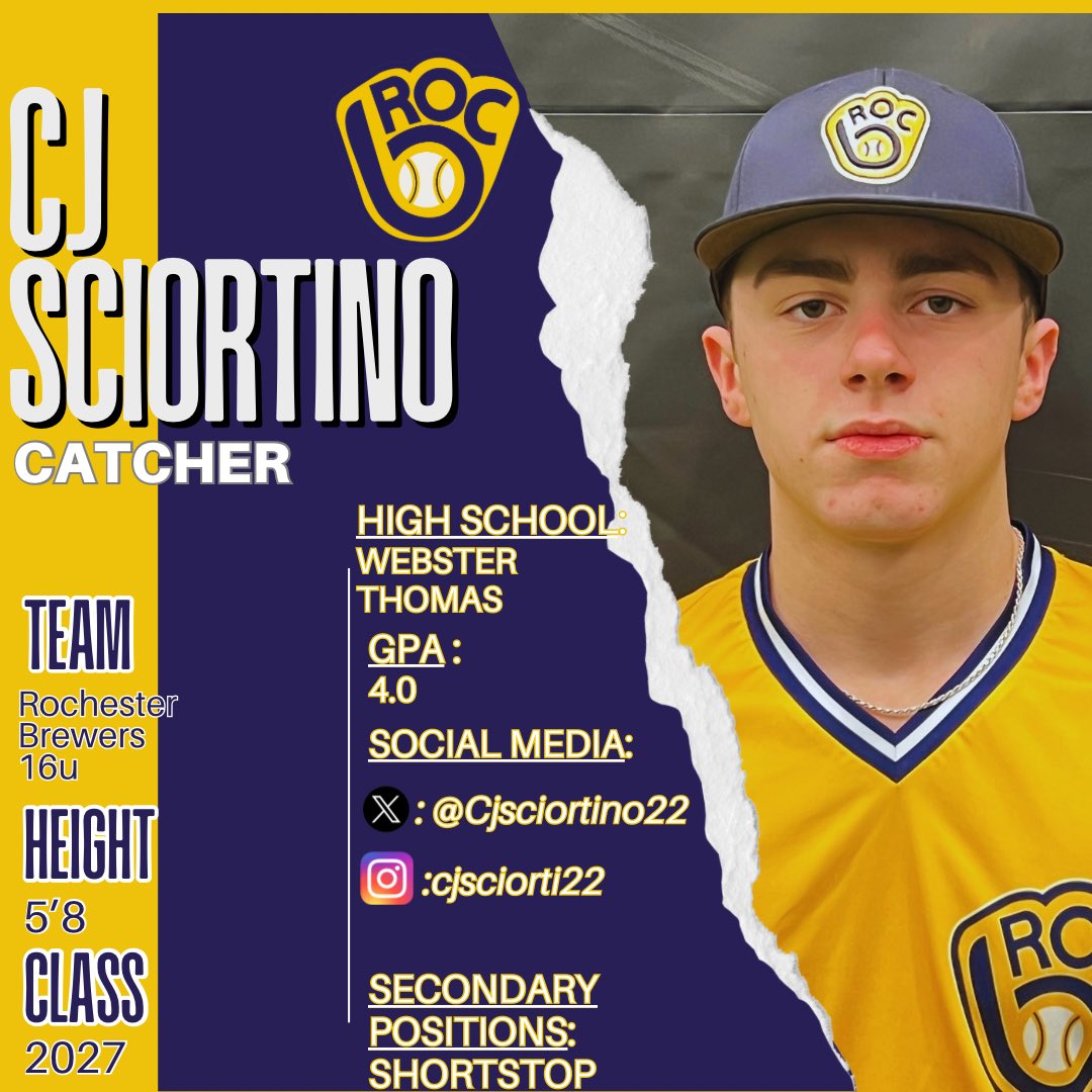 CJ of <a href="/ThomasTitans/">Webster Thomas HS</a> is a athletic catcher with a strong, accurate arm. Versatile enough to also play middle INF and 3B. Class of 2027. Looking forward to his 2nd year as a Brewer. <a href="/Cjsciortino2027/">Christian Sciortino</a>