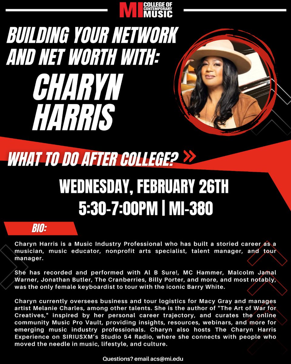 Join us today in MI-380 from 5:30 to 7pm for an essential Music Business clinic with the great Charyn Harris! 💼 Learn best practices for succeeding in and navigating the music industry