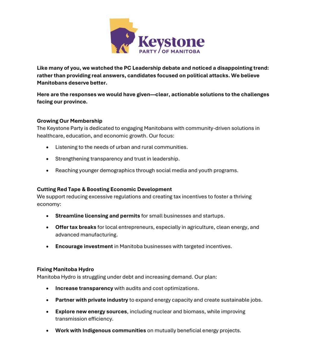 KeystonePartyMB's tweet image. The PC Leadership debate was full of accusations, but no real answers. Crime is rising, Hydro is struggling and our healthcare system is failing. Manitobans deserve solutions. Here are our answers. #RealSolutions #KeystonePartyMb #Transparency #Mbpoli