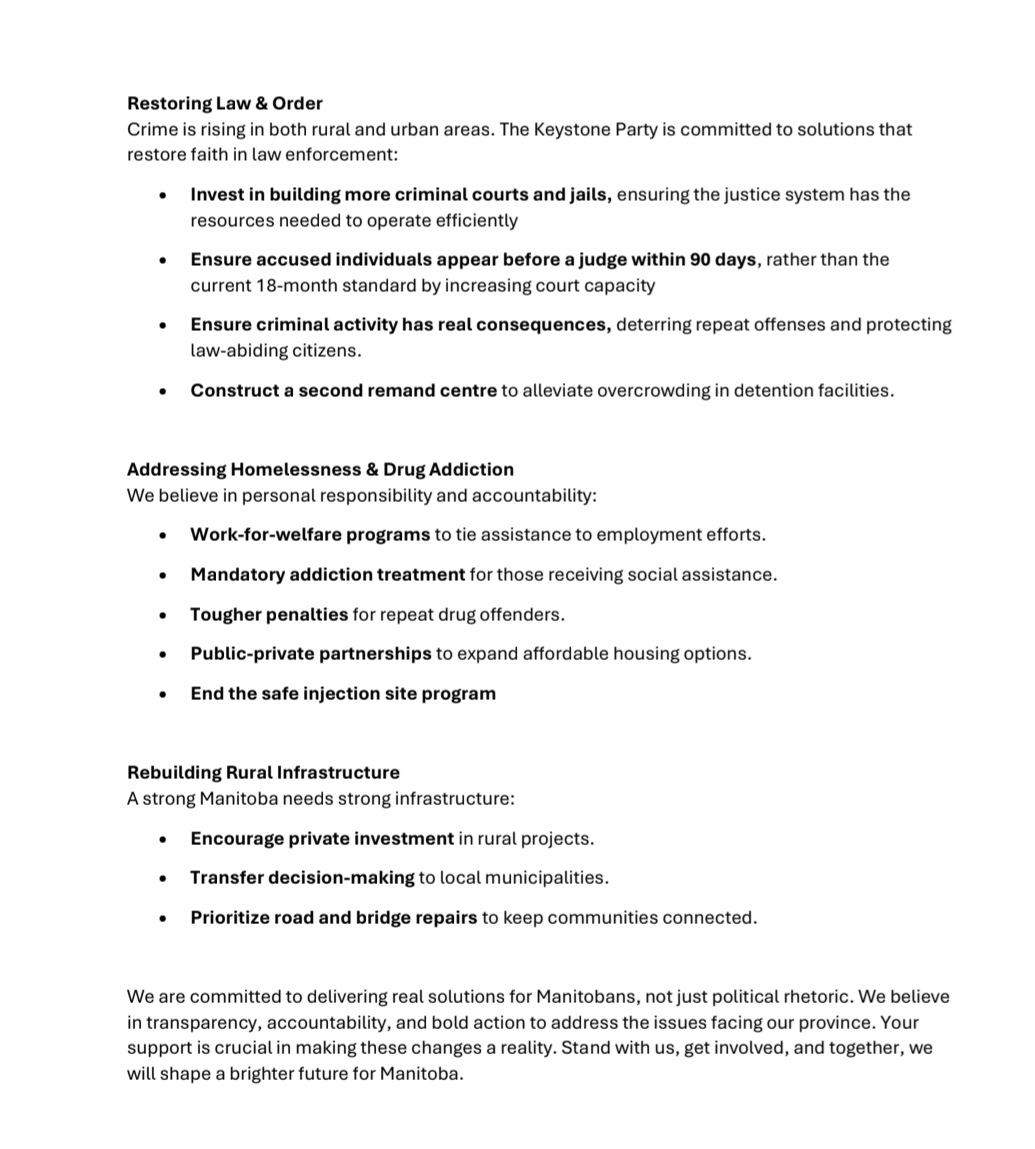 KeystonePartyMB's tweet image. The PC Leadership debate was full of accusations, but no real answers. Crime is rising, Hydro is struggling and our healthcare system is failing. Manitobans deserve solutions. Here are our answers. #RealSolutions #KeystonePartyMb #Transparency #Mbpoli